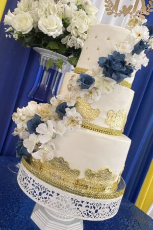 3-Tiered Gold and Blue Wedding Cake