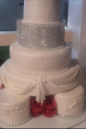 Nine Tiers Sliver Bling Wedding Cake with a touch of red