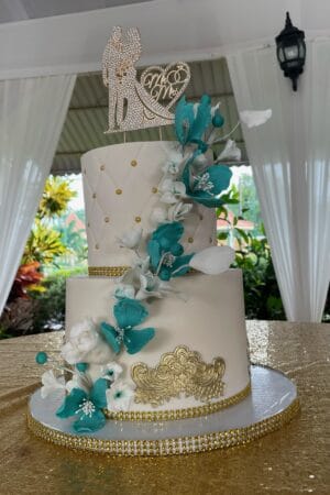 Gold and Teal wedding cake